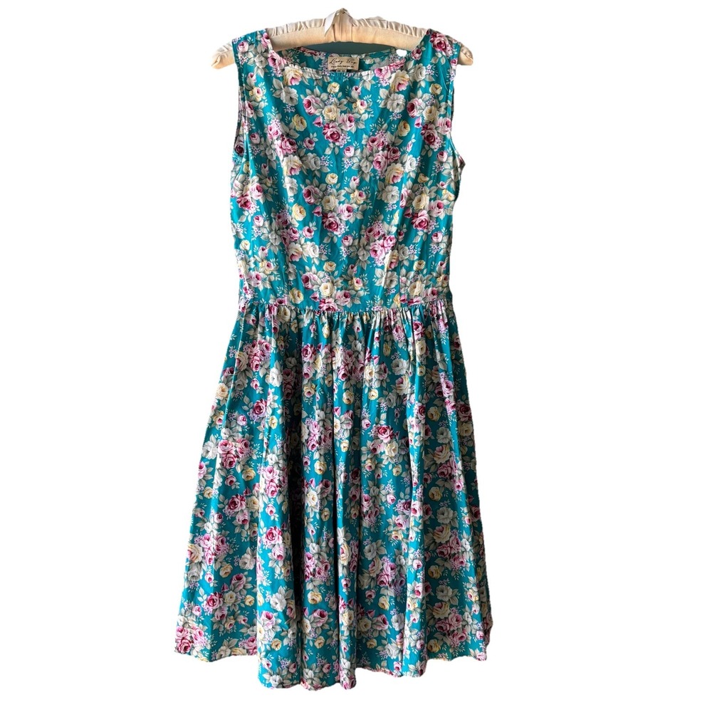 Lindy Bop Floral Fit & Flare Dress Women's M Retro Style Teal Cottage Core Roses